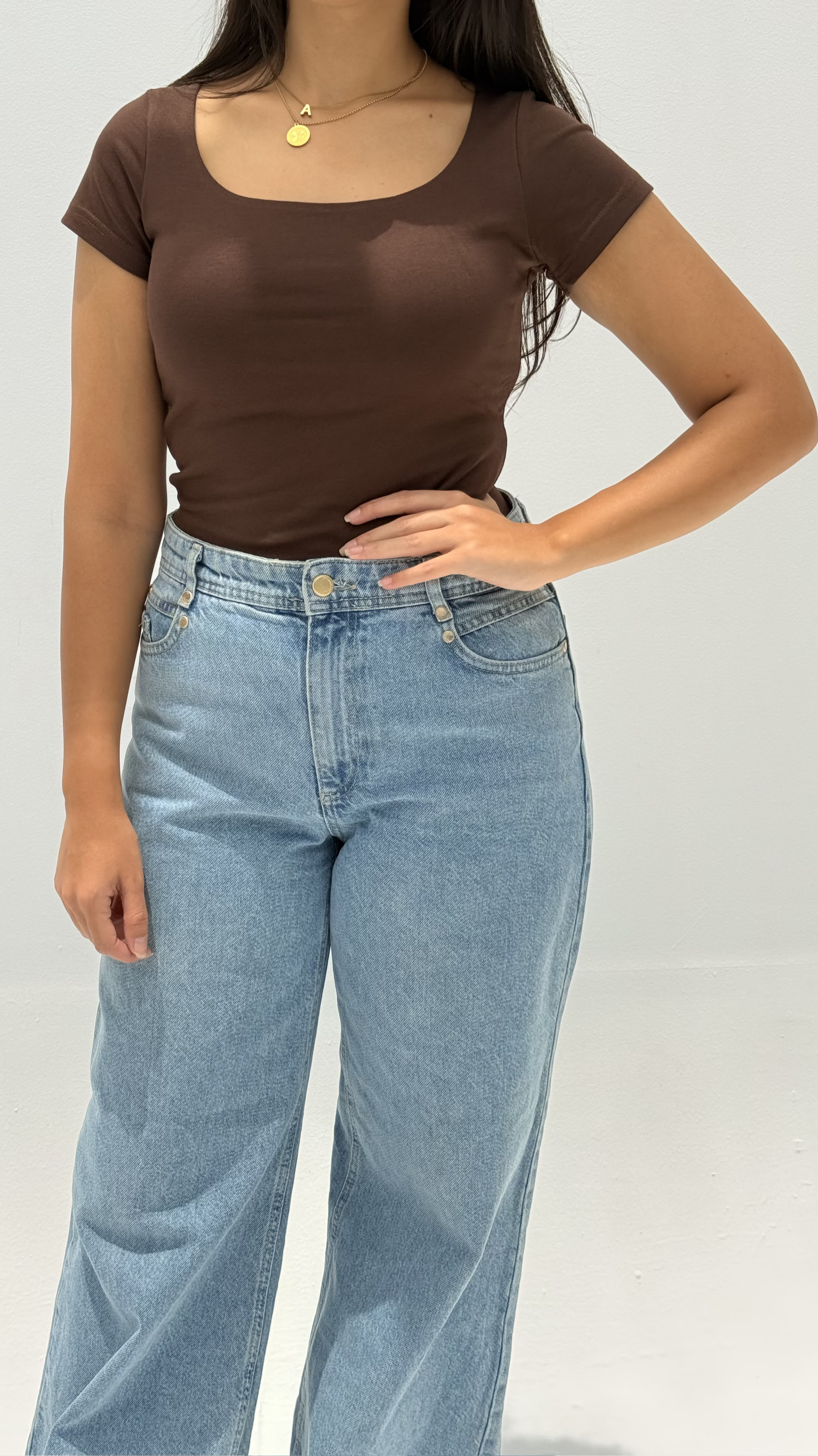 Half sleeves basic top - Brown