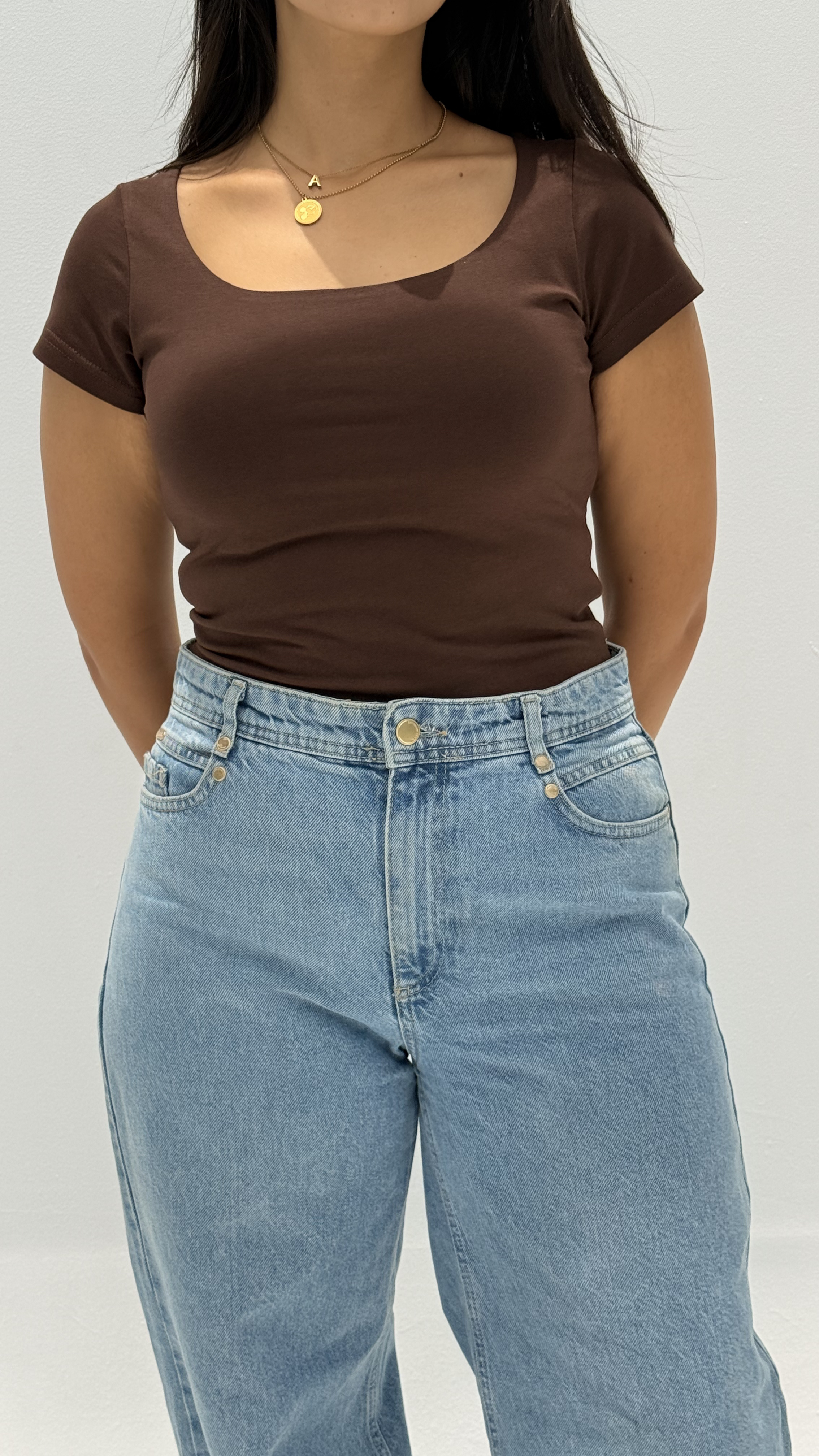 Half sleeves basic top - Brown