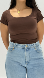 Half sleeves basic top - Brown