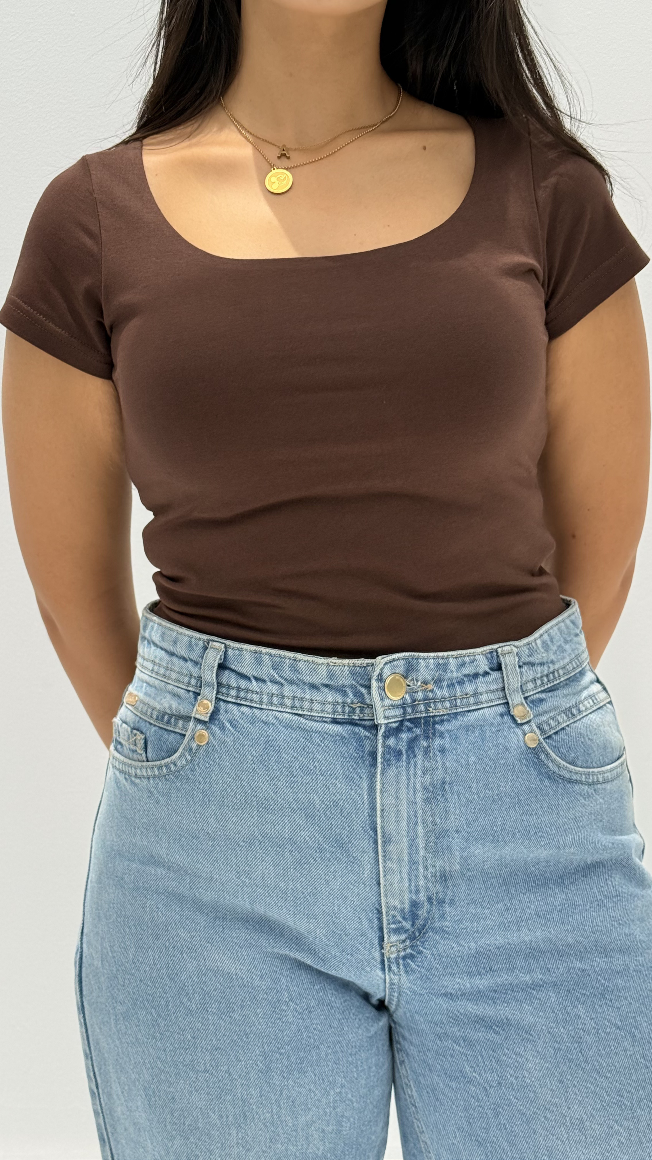 Half sleeves basic top - Brown
