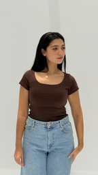 Half sleeves basic top - Brown