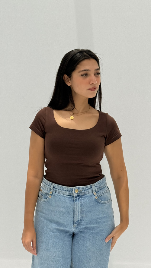Half sleeves basic top - Brown