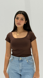 Half sleeves basic top - Brown