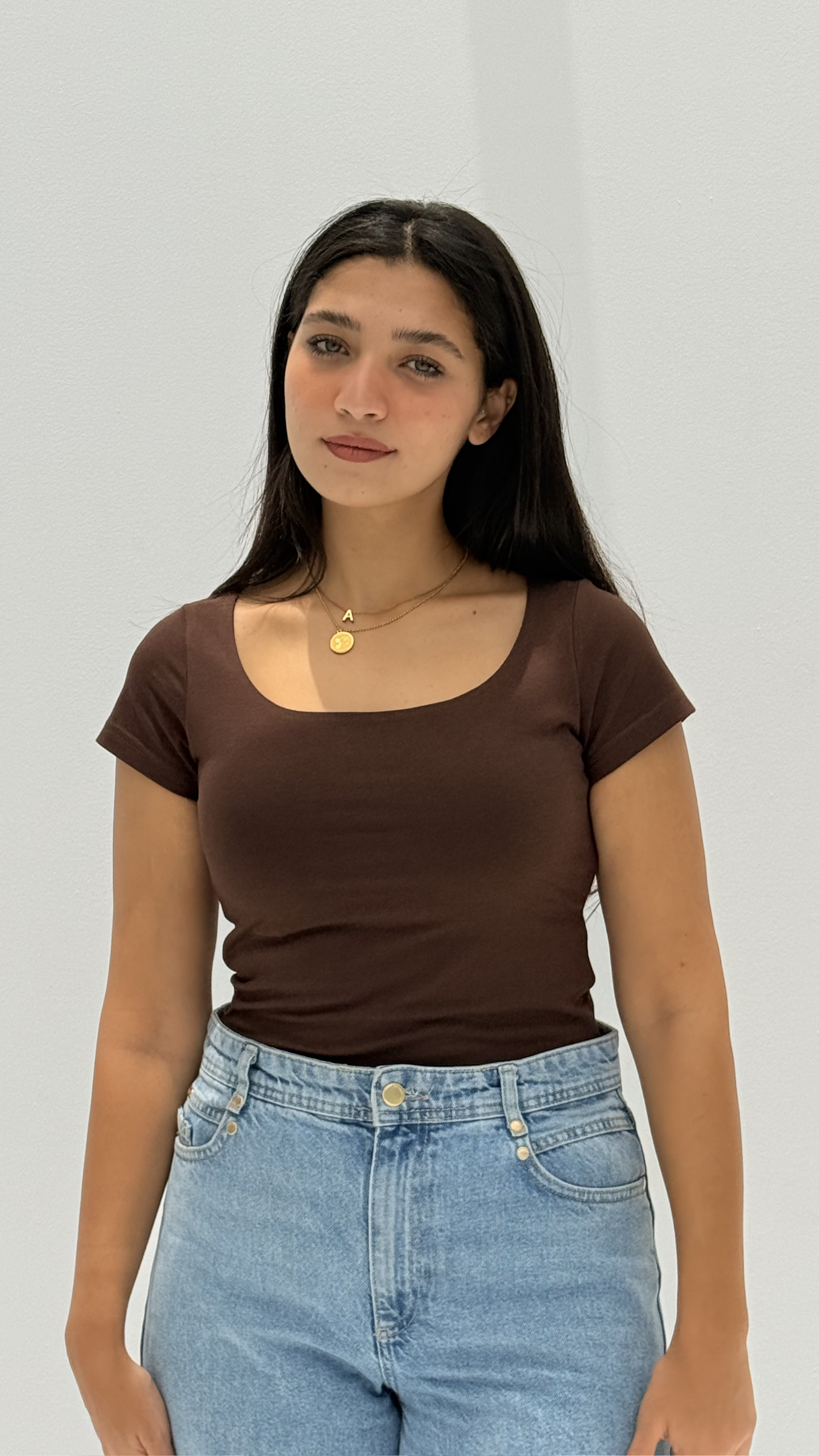 Half sleeves basic top - Brown